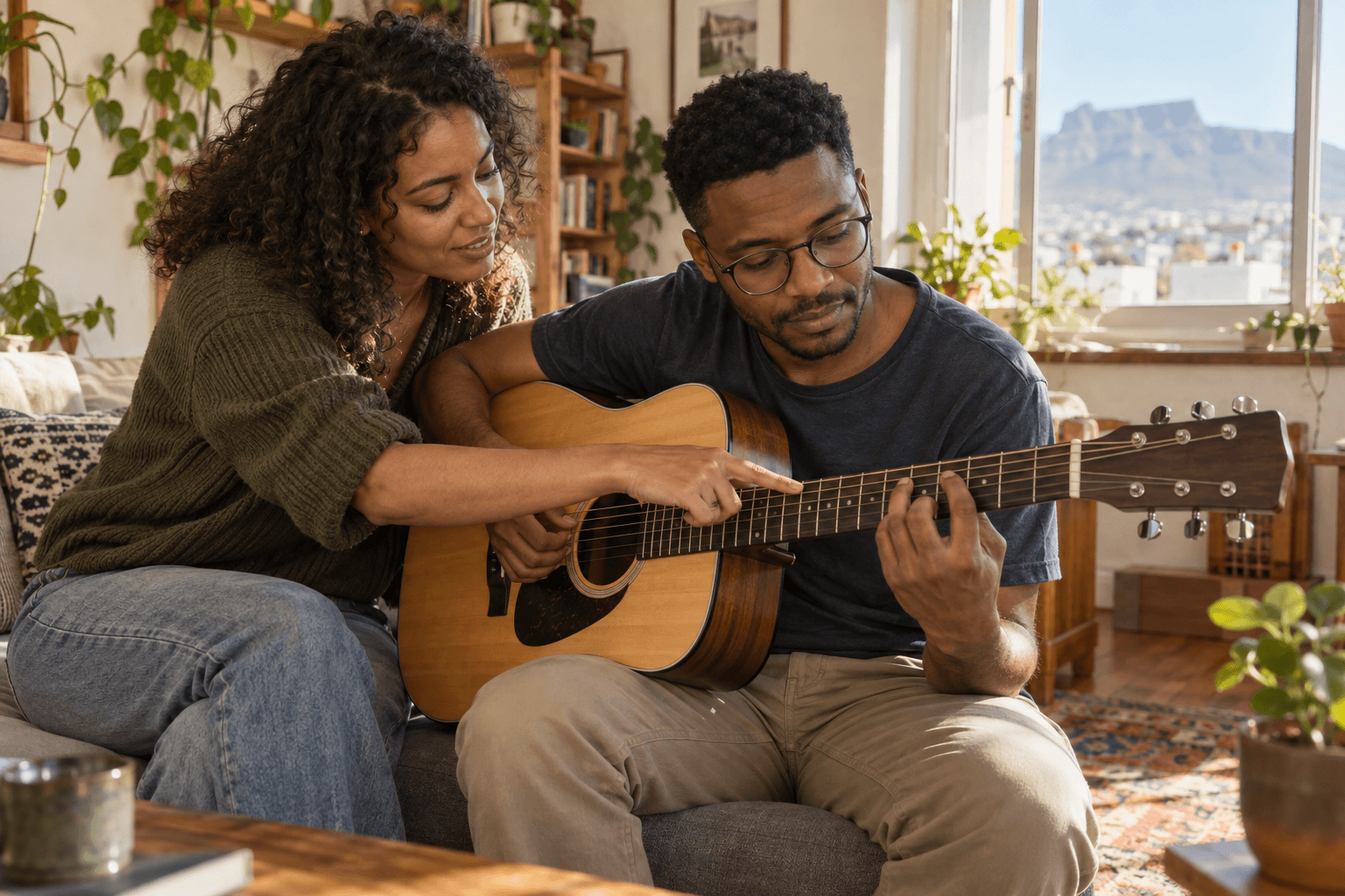 Fictional neighbours learning acoustic guitar together